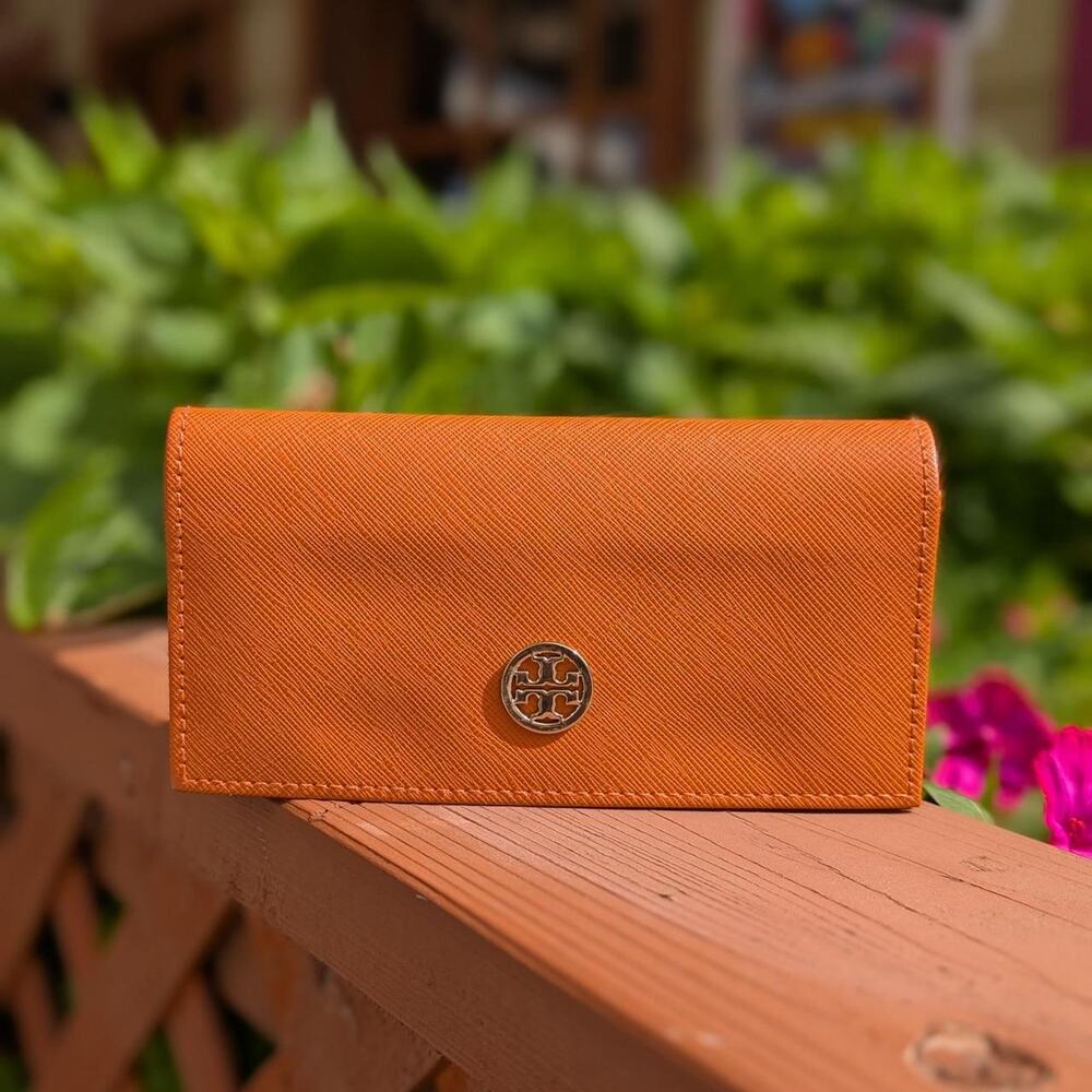 Tory Burch Orange Saffiano Leather Triangular Hard Shell Eyeglass Case